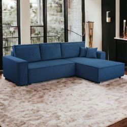 Wohnlandschaft Ecksofa Dark Blue Genf Cord XL mit Bett Kopfteilverstellung Bett Sofa Schlafsofa Otto