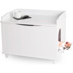 WONDERMAKE® Katzenschrank für Katzentoilette groß aus Holz, Katzenklo-Schrank Kommode XL, Design Katzen-Haus Toilette Klo Waschbecken-Unterschrank für Bad, 73,5 x 51,5 x 57 cm, weiß