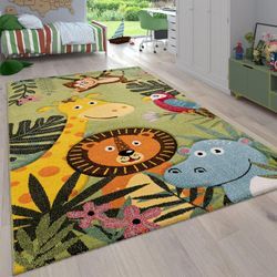 Kinderzimmer Kinderteppich für Jungen mit Tier u. Dschungel Motiven Kurzflor 120 cm Rund, Grün 5 - Paco Home