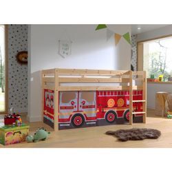 Halbhohes Bett PINO, mit Textilset "FIRE RESCUE", Ausf. Kiefer massiv versch. Farben