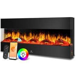 KESSER® Wandkamin Elektrokamin 3D Elektrischer Kamin mit Heizung 9 Farbmodi LED Flammeneffekt, 900/1800 W Kaminofen Wand und Einbaukamin Wandmontage Heizung App-Funktion Fernbedienung