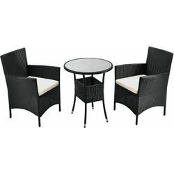 Juskys Polyrattan Balkon Set Bayamo 2 Personen – Tisch mit Glasplatte & 2 Stühlen – Wetterfeste Balkonmöbel – Auflagen waschbar – schwarz – creme