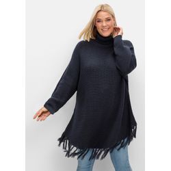 Gerippter Poncho-Pullover mit Fransensaum, nachtblau, Gr.48/50