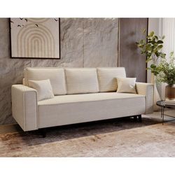 Schlafsofa 225 cm Nela - Klappsofa, Schlafcouch - Sofa mit Bettkasten, Skandinavischer Stil - Samtstoff (Beige - Lincoln 03) - Beige