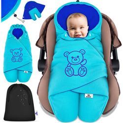 Baby Einschlagdecke Winter mit Kapuze +Tasche Babyeinschlagdecke Universal für Babyschale Autositz z.B. für Maxi-Cosi Römer für Buggy Babybett Türkis
