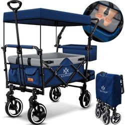 Kesser - Bollerwagen Faltbar GTS-9100 mit Dach Handwagen Transportwagen klappbar inkl. 2x 3-Punkt Gurtsystem 360° Vollgummi-Reifen Navyblau / Grau