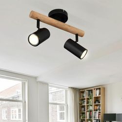 Etc-shop - Deckenlampe Wohnzimmerleuchte Esszimmerlampe Deckenstrahler, Holz Metall schwarz, bewegliche Spots, GU10, 2 Flammig, l 30 cm