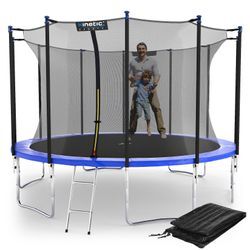 KINETIC SPORTS Trampolin Outdoor 'Salto Plus' Ø 183/244/305/366/400/430/490 cm - Komplett-Set für Kinder, USA Sprungtuch, Netz, Randpolster, Leiter - bis zu 160kg Blau-2 Ø 366 cm Ø 366 cm, Blau-2