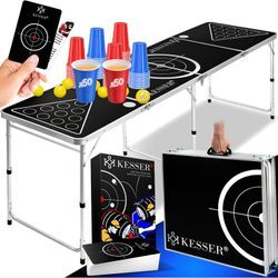 Kesser - Beer Pong Tisch Set mit Kartenspiel Trinkspiel - inkl. 100 Becher (50 Rot & 50 Blau) 6 Bälle + Regelwerk Partyspiele Table Höhenverstellbar