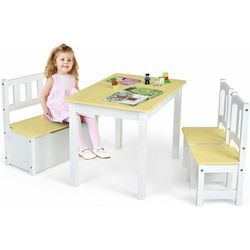 Goplus - 4-teiliges Tisch- und Stuhl-Set für Kinder, 2 in 1 Tisch-Set aus Holz für Kleinkinder mit 2 Stühlen und 1 Aufbewahrungsbank,