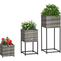 Outsunny Hochbeet Set, 3-TLG. Rattan Blumenkasten mit Ständer, Pflanzkästen mit Entwässerungsloch, Pflanzkübel aus Kunststoff, für Garten, Terrasse,