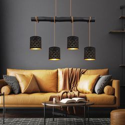 Pendelleuchte schwarz Hängelampe Esstisch Wohnzimmerlampe Holzleuchte hängend, 4 flammig Höhe anpassbar, Dekorstanzungen Metall schwarz gold, 4x E27