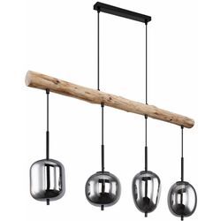 Hängelampe Holzlampe 4 flammig Glasschirm rauchfarben Pendelleuchte Hängeleuchte Wohnzimmerlampe, Metall Glas, schwarz natur, 4x E14 Fassungen, LxBxH