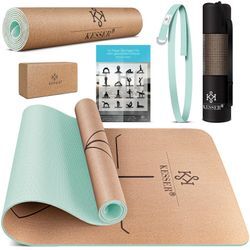 KESSER® Yogamatte Kork Inkl. Tragegurt Tasche & Yoga-Block Gymnastikmatte Yoga Matte rutschfest aus Naturkautschuk TPE Fitnessmatte, 183 x 62 Trainingsmatte für Fitness Sportmatte, Gymnastik extradick