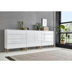 Sideboard Mailand Set 4, grifflos, Holzfüße, Weiß/ Weiß hochglanz - Weiß - Bmg Möbel