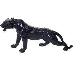 Deko Figur Panther 59cm, Polyresin Skulptur Leopard, In-/Outdoor schwarz hochglanz mit Halsband - black