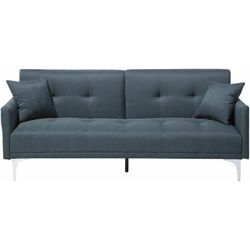 3-Sitzer Schlafsofa Dunkelblau Stoffbezug Gesteppt mit Silbernen Metallbeinen 2 Kissen Retro Klappsofa Wohnzimmer Sofa mit Schlaffunktion