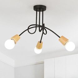 Deckenlampe Vintage Industriell Stil Deckleuchte Spinne Eisen Kronleuchter Innen E27 für Wohnzimmer Schlafzimmer Schwarz und Holzfarbe 3 Flammig