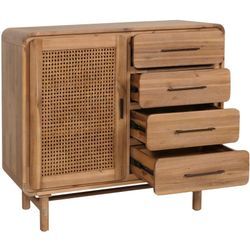 HHG - neuwertig] Kommode 017, Schrank Sideboard Highboard, Staufächer Schublade, Rattan Akazie Massiv-Holz gebeizt 101x109x45cm 44kg