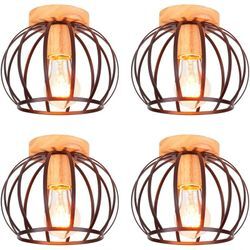 4x Metall Hölzern Hänge-Leuchte Deckenlampe in Käfig Form, Industriell Moderne E27 Ø20cm Deckenleuchte für Wohnzimmer Schlafzimmer Badezimmer Café