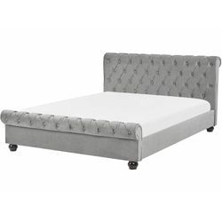 Bett Polsterbett Grau 160 x 200 cm Samtstoff Doppelbett Stilvolle Versteppung Hohe Kopfteil Geschwungene Formgebung Chesterfield