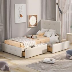 Okwish - Polsterbett 90 x 200 cm Bett mit Lattenrost, Rückenlehne und zwei Schubladen, hautfreundlicher Samtstoff Beige flaches Einzelbett Kinderbett