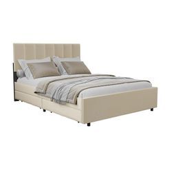 Juskys Samt Polsterbett Soria 140x200 cm mit Lattenrost, Kopfteil & Schubladen - modernes Bett Beige