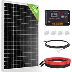 ECO-WORTHY 170W 12V monokristallines Solarpanel Kit Solarmodul mit 30A Laderegler + 5m Solaradapter-Kit + Z-Halterungen, netzunabhängig, geeignet für