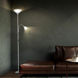 Etc-shop - Deckenfluter Leseleuchte Wohnzimmerlampe Stehleuchte Höhe verstellbar, flexible Leselampe, Metall titan, Kunststoff weiß, 1x E27 1x E14,