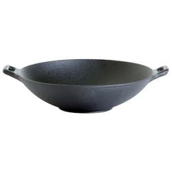 Gusseisen-Wok mit Griffen, rund, schwarz, 25cm Durchmesser, 30cm mit Griffen, 7,5cm Höhe