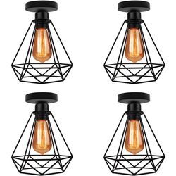 Deckenleuchte Vintage, 1 Flammig Deckenlampe im Industri Stil, Art Diamant Lampe mit Käfig für Wohnzimmer Schlafzimmer Esszimmer Schwarz 4PCS