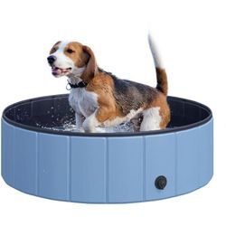 Hundebadewanne faltbar Badewanne Hundepool Plantschbecken Swimmingpool Wasserbecken für Hunde und Katzen Schwimmbecken Kunststoff+Holz Blau Ø100 x