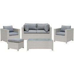 Lounge Set Hellgrau Rattan 5-Teilig für 4 Personen mit Kissen Grau Modern 2er Sofa 2 Sessel Ottomane und Couchtisch Outdoor Terrasse Garten