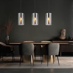 Pendelleuchte Hängelampe Deckenleuchte Esstischlampe, Metall schwarz Glas Rauchfarben, 3 Flammig E14 25W, h 120 cm