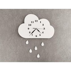 Wanduhr Wolken für Kinder, Uhr ohne Tickgeräusche, Kinderuhr fürs Kinderzimmer (Weiß mit Tropfen)