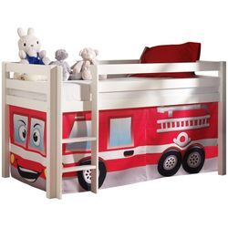 Hochbett Spielbett Kinderzimmer PINOO-12 mit Textil Set Feuerwehr in Kiefer massiv weiß lackiert, B/H/T: ca. 210/114/106 cm