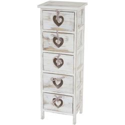 Kommode Sues, Schubladenkommode Schrank, 5 Schubladen mit Herzen 86x29x25cm, Shabby-Look, Vintage