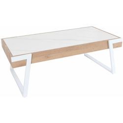 Neuwertig] Couchtisch MWC-L89, Sofatisch Wohnzimmertisch, Eisen 43x120x64cm Sinterstein Marmor-Optik weiß Holz natur