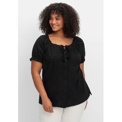 Bluse mit Lochstickerei und Carmen-Ausschnitt, schwarz, Gr.40