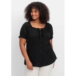 Bluse mit Lochstickerei und Carmen-Ausschnitt, schwarz, Gr.56