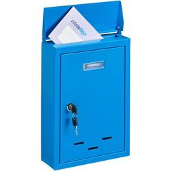 Briefkasten mit Namensschild, aus Metall, mit 2 Schlüsseln, Postkasten schmal, HxBxT: 35,5 x 24 x 9 cm, blau - Relaxdays