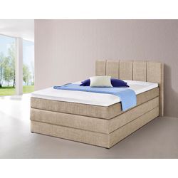 Boxspringbett HAPO, beige, Liegefläche B/L: 140cm x 200cm, kein Härtegrad, 7-Zonen-Kaltschaummatratze, Kopfteil, seitliche Unterbox und Obermatratze sind mit pflegeleichtem Feinstrukturstoff in Leinenoptik (100% Polyester) bezogen, Die Oberseite der Unterfederung und die Ober- und Unterseite der Obermatratze sind jeweils mit einem rutschhemmenden Stoff aus 100% Polyester bespannt., Komplettbetten,