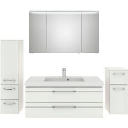 Badmöbel-Set SAPHIR "Balto Sprint 4-teilig, Mineralmarmor-Waschtisch mit LED-Spiegelschrank" Kastenmöbel-Sets Gr. B/H/T: 183cm x 200cm x 50,8cm, 1 Mineralmarmor-Waschtisch weiß-1 Waschtischunterschrank mit 2 Auszügen-1 Spiegelschrank mit 3 Drehtüren-1 LED-Lichtkranz-1 Unterschrank mit 1 Drehtür, 1 Auszug-1 Midischrank mit 1 Drehtür, 2 Auszügen, weiß (weiß hochglanz, glanz) Unterschrank, Midischran