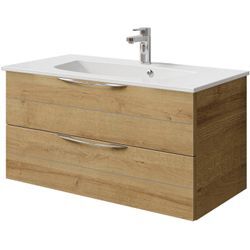 Waschtisch SAPHIR "Serie 6025 Mineralmarmor-Waschtisch mit Unterschrank, 97 cm breit", braun (riviera eiche, riviera eiche quer nb), B:97cm H:49,9cm T:48cm, Waschtische, Waschplatz mit 2 Schubladen, hängend, verschiedene Ausführungen