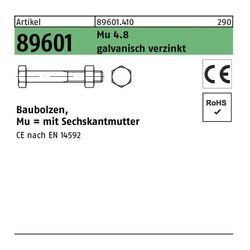 Baubolzen R 89601 CE 6-kantmutter M 12 x 320 Mu 4.8 galvanisch verzinkt