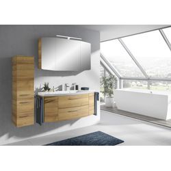 Badmöbel-Set SAPHIR "Cassca Sprint 3-teilig Mineralmarmor-Waschtisch mit LED-Spiegelschrank" Kastenmöbel-Sets Gr. B/H/T: 151cm x 200cm x 50,5cm, 1 Mineralmarmor-Waschtisch weiß-1 Waschtischunterschrank mit 2 Auszügen, 2 Drehtüren-1 Spiegelschrank mit 3 Drehtüren-1 Aufsatzleuchte-1 Midischrank mit 1 Drehtür, 2 Auszügen, braun (riviera eiche quer nachbildung) mit Midischrank, inkl. Türdämpfer, 6 Tür