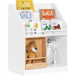 KMB98-W Kinderregal mit Schiebetür Bücherregal Kinderzimmer Regal Aufbewahrungsregal für Kinder Kinderzimmer Möbel Weiß-Natur bht ca. 63x80x35cm