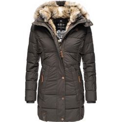 Wintermantel MARIKOO "Lieblings Jacke", Damen, Gr. M (38), grau (anthrazit), Oberstoff: 100% Polyester, Futter: 100% Polyester, Wattierung: 100% Polyester, Ärmelfutter: 100% Polyester, Kunstpelz: 90% Polyacryl, 10% Polyester, casual, tailliert Po-bedeckend, Langarm Ärmel ohne Ärmelschlitz Rippstrickbündchen, Mäntel, stylischer Winter Steppmantel m. Kunstpelz-Kapuze