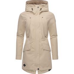 Regenmantel RAGWEAR "Begonia", Damen, Gr. L (40), beige (sand), Obermaterial: 100% Polyester, Innenfutter: 100% Polyester, modisch, figurumspielend Po-bedeckend, hoch geschlossener Ausschnitt, Mäntel, Wasserdichter Damen Übergangsmantel mit großer Kapuze