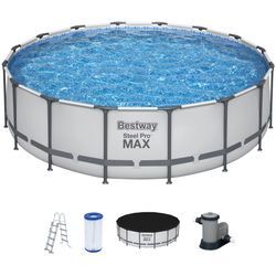 Framepool BESTWAY "Steel Pro MAX™", grau, B:488cm H:122cm L:488cm, Schwimmbecken, Frame Pool mit Filterpumpe Ø 488x122 cm, lichtgrau